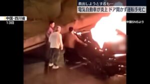 【中国・四川省】 路上で電気自動車が炎上しドア開かず、中に閉じ込められた運転手が死亡…　